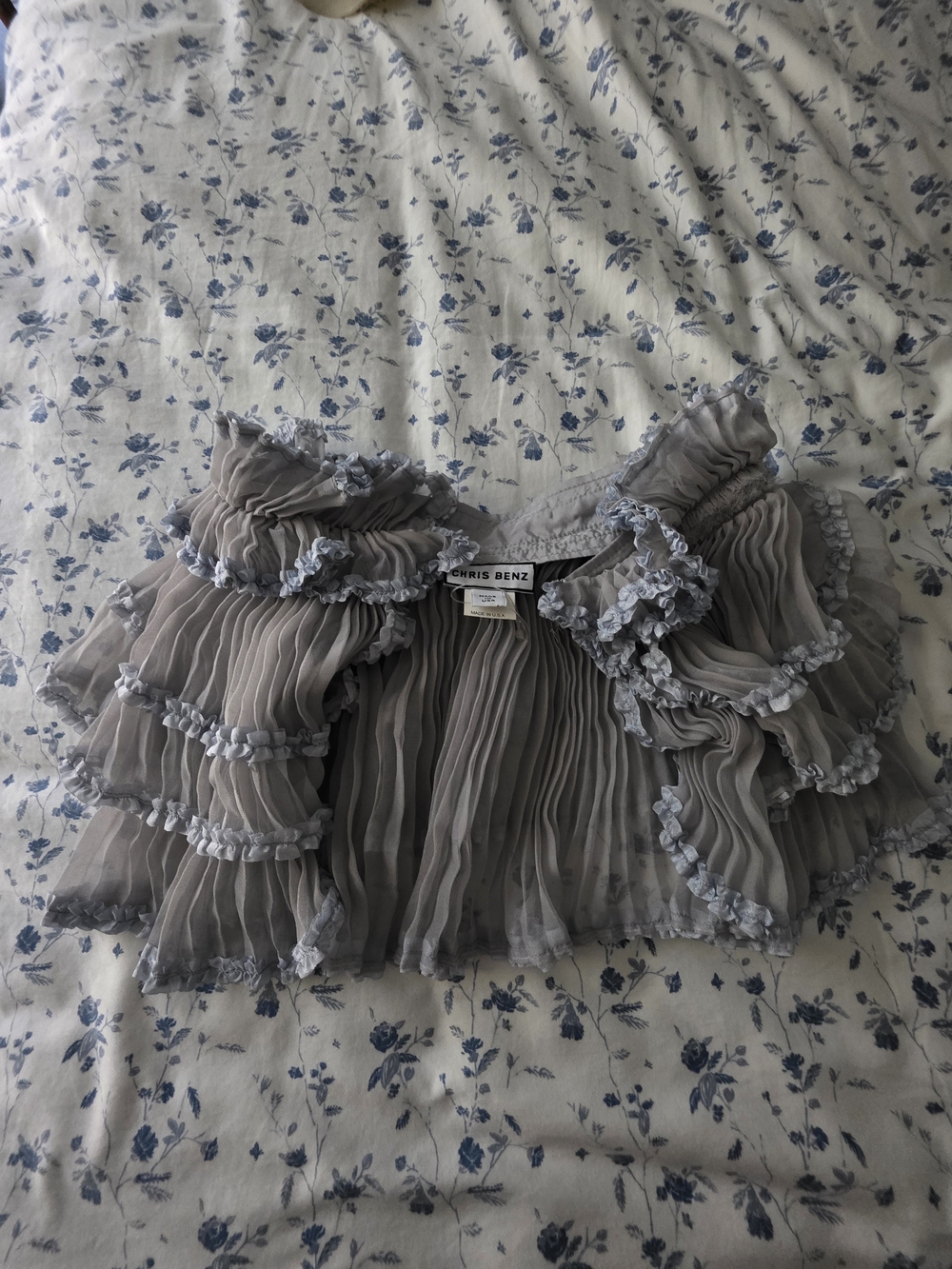 Chris Benz 100% Silk Pleated Chiffon Ruffle Bolero Shrug Jacket Cape Blue Grey